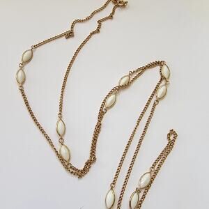 Vintage Gold Chain Necklace with White Lucite Marquise Links Layered 1970s Style